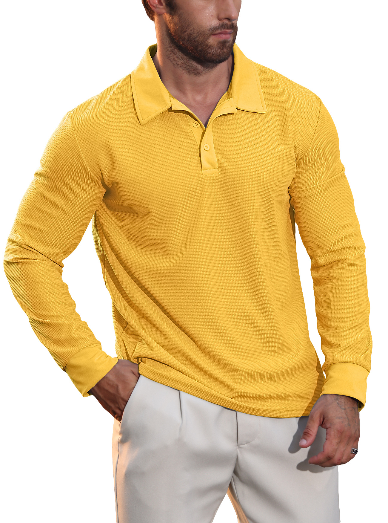 Nuevo otoño transfronterizo europeo y americano nuevo hombre waffle polo camiseta de manga larga de vacaciones casuales americanas