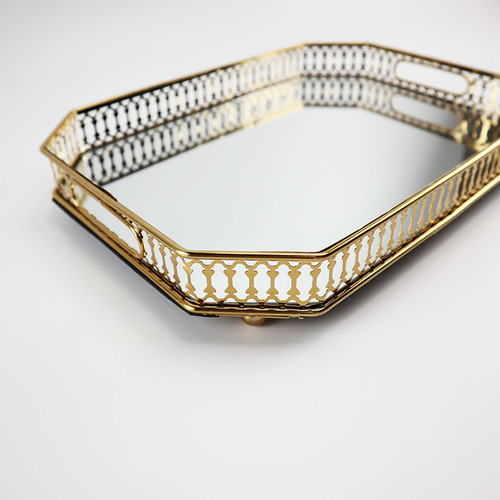 European iron gold glass tray mirror bottom metal tray jewelry display tray decorative fruit plate