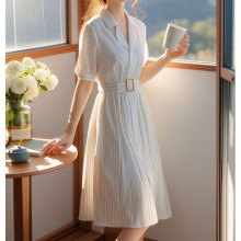 YQGFS#2025新款小个子显高遮肉显瘦法式简单大方白色条纹连衣裙子