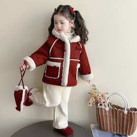 韩版小女童加绒外套秋冬季2025新款儿童皮毛一体圆点上衣洋气可爱