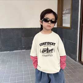 男女童春秋季洋气长袖童装百搭假两件时尚圆领韩版秋季印花外穿