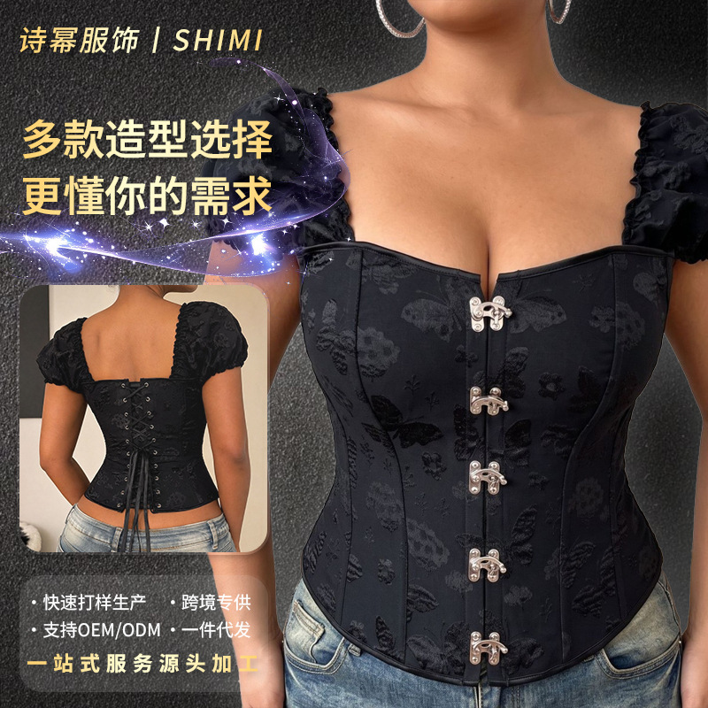 Plus-size jacquard corset with puff sleeves, front buttons and back lacing, corset for shaping, plus-size court-style boned corset Plus-size jacquard corset with puff sleeves, front buttons and back lacing, corset for shaping, plus-size court-style boned corset