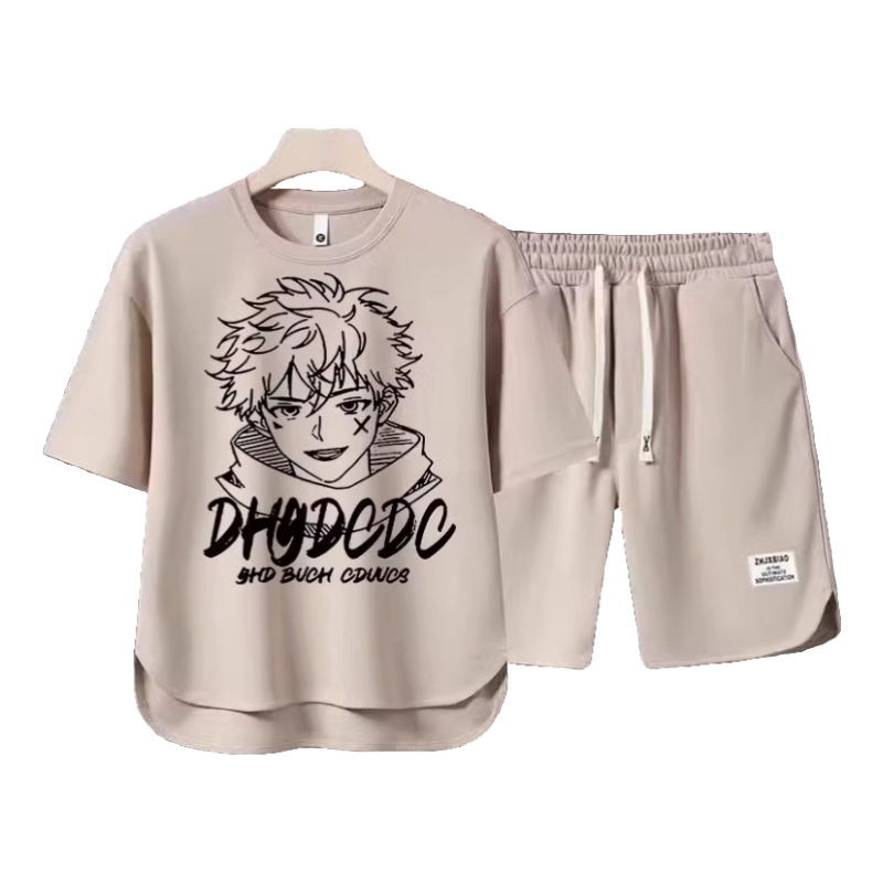 Vêtements pour hommes 2024 gaufré décontracté costume d'été hommes ample adolescent à manches courtes t-shirt Shorts beau deux pièces costume_voghion.com