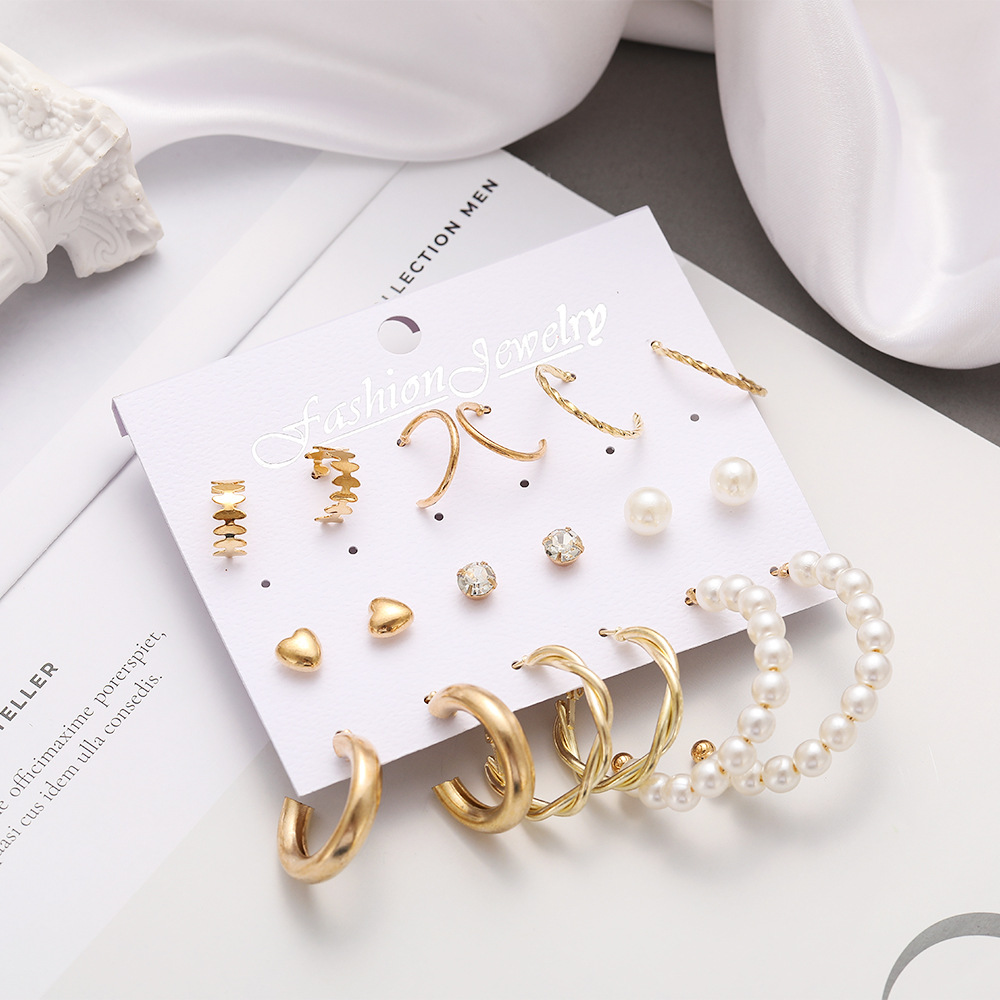 New Creative Simple Fashion Temperament Twist Pearl Earrings 9-piece Set display picture 9