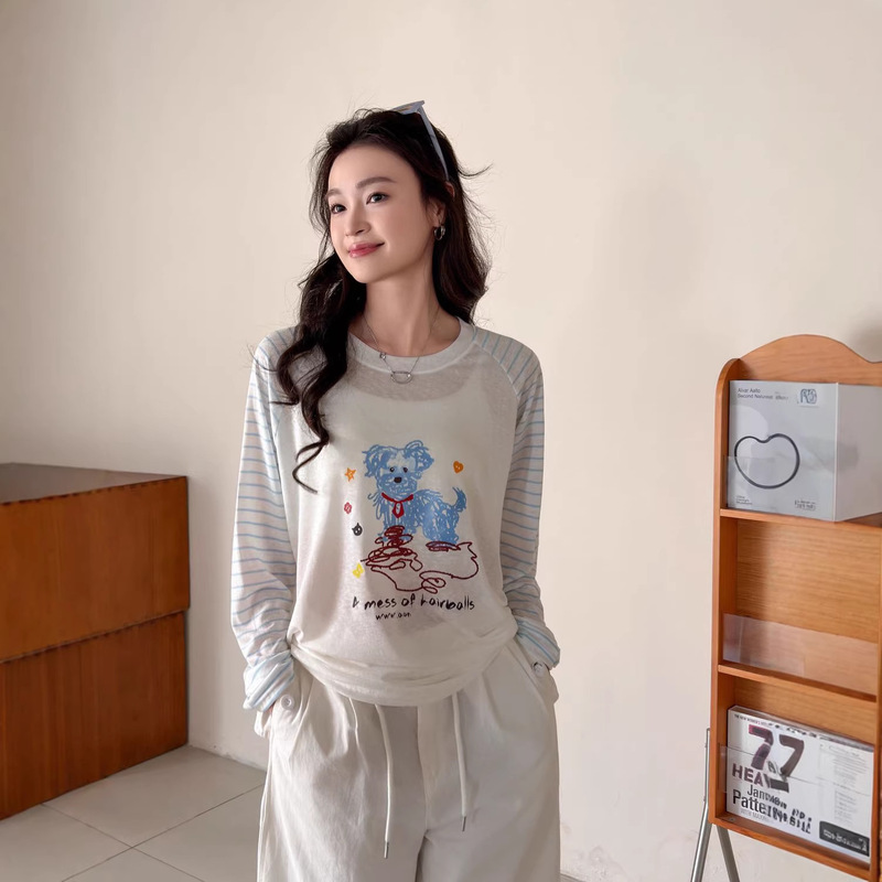 Striped Long-Sleeve Sun-Protective T-Shirt with Cooling Effect, Oxygen Girl Style, Spring and Summer Thin Striped Print Base Layer