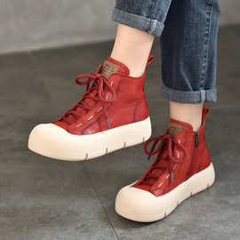 羊皮休闲单鞋女士2024春季新款厚底圆头高帮板鞋红色真皮女鞋系带
