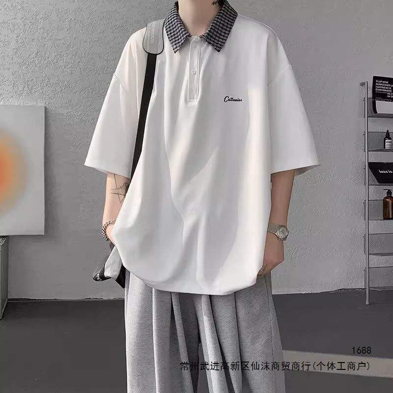Trendy American-style Polo short-sleeved T-shirt for men, summer preppy style patchwork collar, loose casual couple top