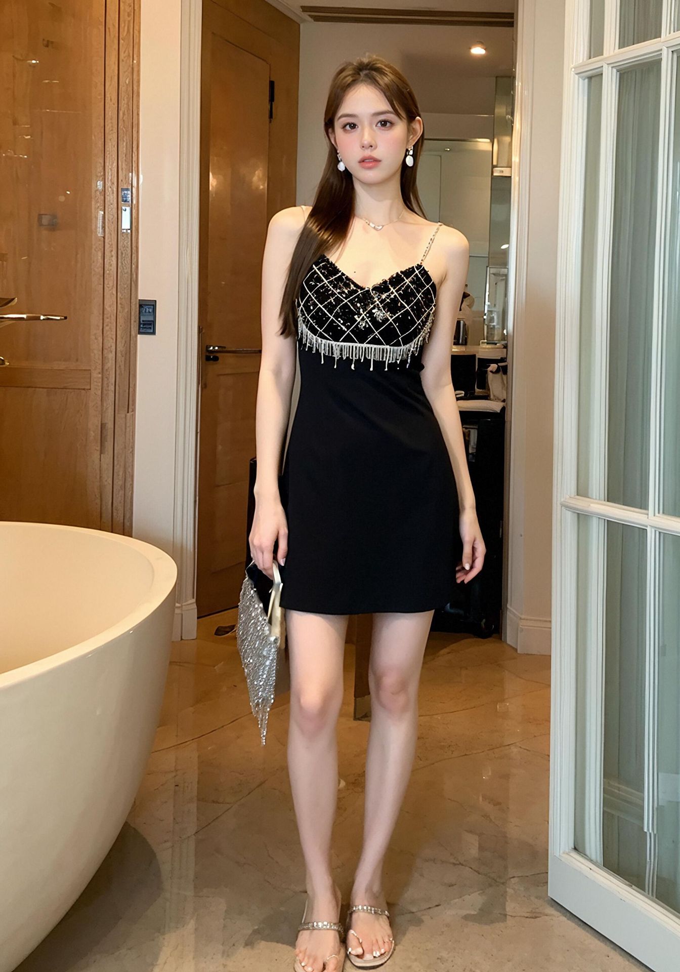 Đầm dự tiệc sinh nhật nữ dây đeo thắt lưng đính đá kim cương — Màu đen chi tiết 7