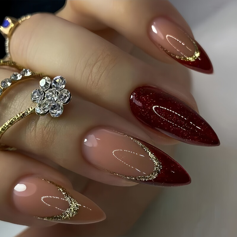 Explosive Burgundy New Year Bridal Manicure Champagne Glitter Almond Nails European and American Sweet Wearable Manicure Pieces