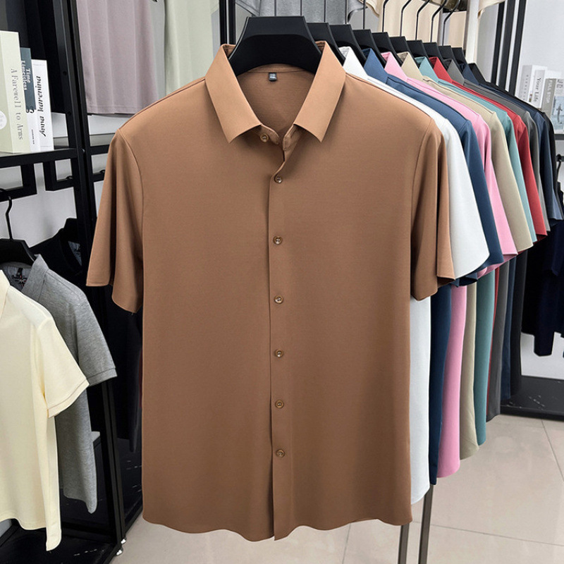Camisa de manga corta para hombre 2025 verano blusa delgada media manga casual de seda de hielo sin costuras para hombre camisa de lino de seda de morera