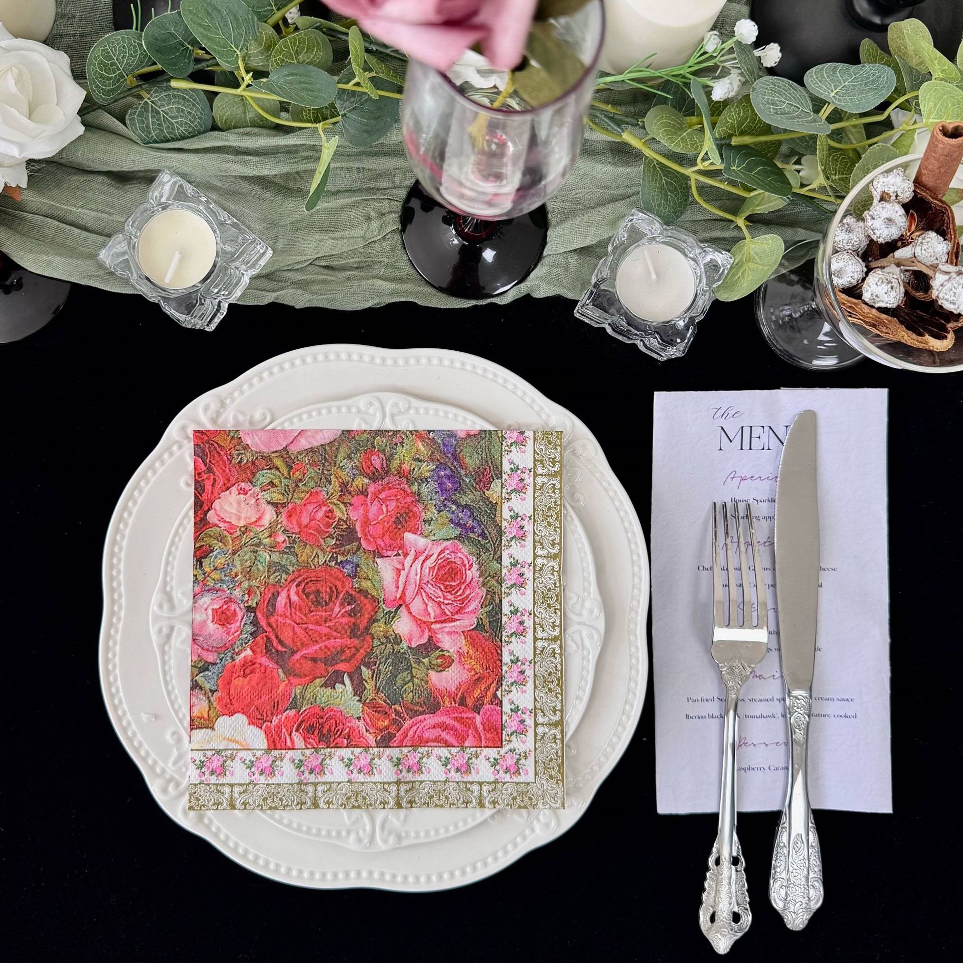 20 servilletas con estampado de boda de rosas rojas chinas desechables