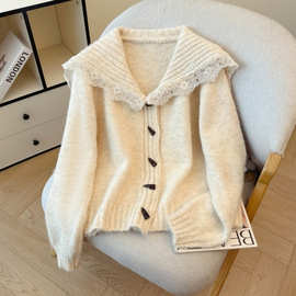 蕾丝花边拼接毛衣女2025新款韩系甜美宽松针织开衫外套