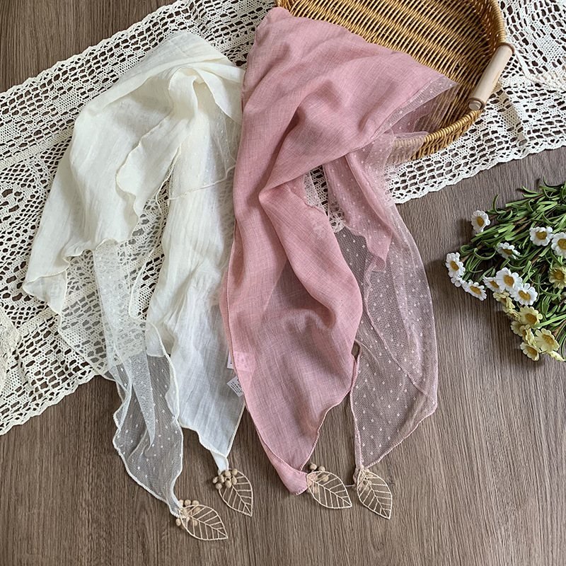 Pañuelo de seda de encaje, estilo literario de alta gama, colgante de hoja fina, bufanda pequeña, pañuelo en la cabeza, diadema pastoral femenina de verano, accesorios para el cabello