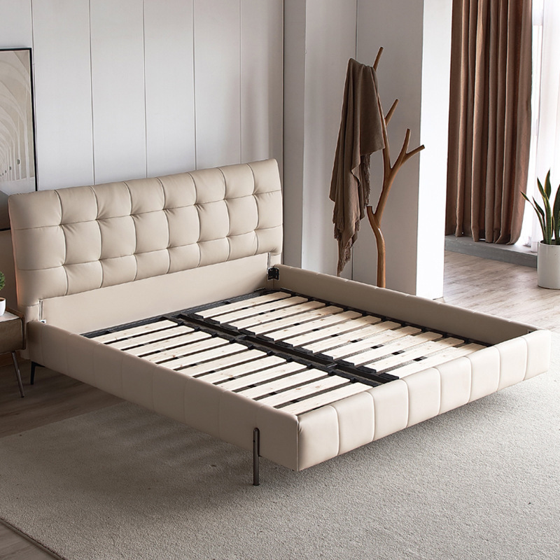 Cama de cuero genuino estilo crema cama doble minimalista moderno dormitorio principal cama de boda de 1,8 m diseñador tire hebilla cama de cuero cama suave