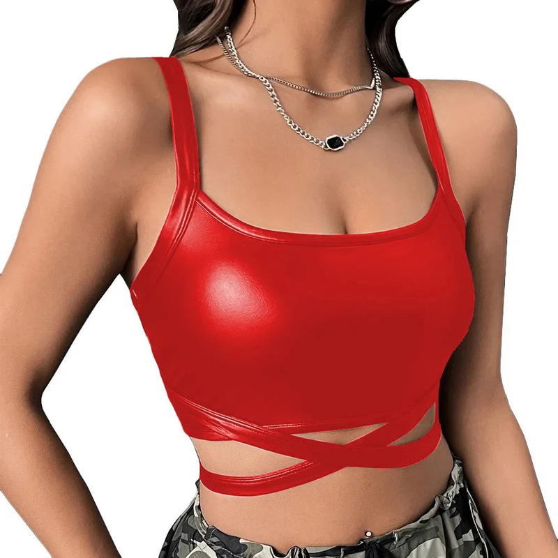 Sexy Backless Camisole Women PU Leather Daily Casual Base Tight Crop Top Club Party Sexy Backless Camisole Women PU Leather Daily Casual Base Tight Crop Top Club Party