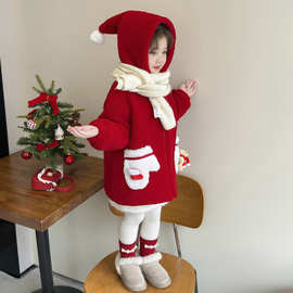 女童外套加绒秋冬季2025新款宝宝冬装加厚红色圣诞儿童服装毛毛衣