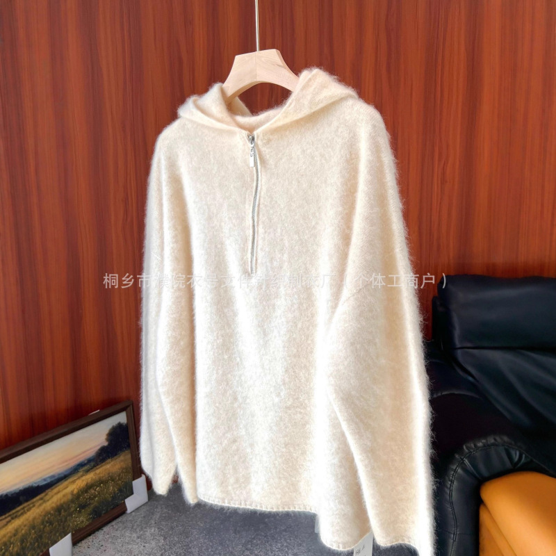 衣号拉毛加厚帽衫宽松100绵羊毛毛衣女 纯色保暖针织衫25秋冬韩系|undefined
