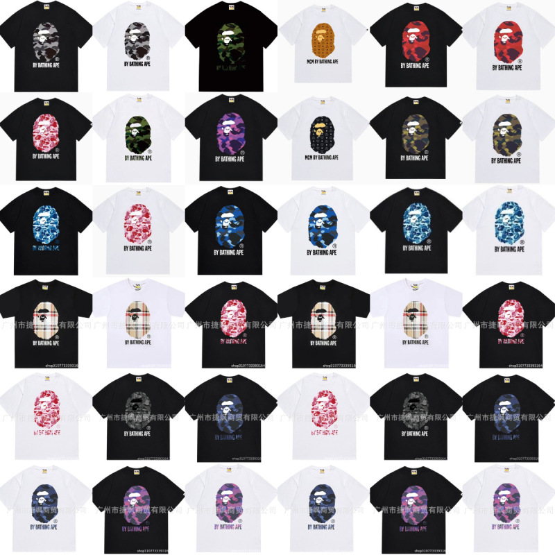 Japanese Popular Brand Bape Cross-Border New Trendy Brand Top with Ape Head Print Pure Cotton Short-Sleeve T-Shirt Wholesale