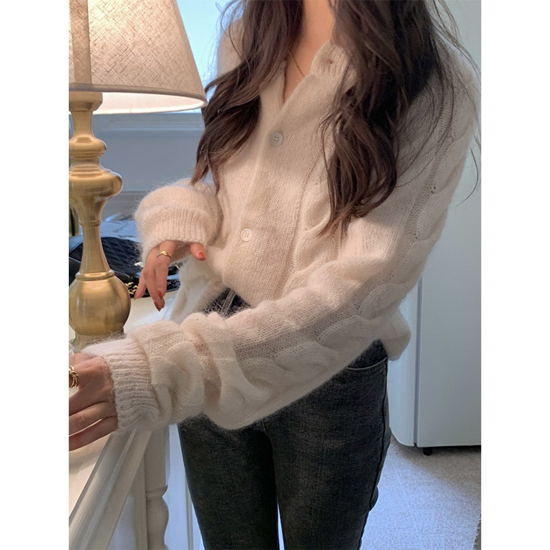Early spring thin knitted cardigan ins gentle style creamy-white round neck top soft glutinous mohair sweater coat for women