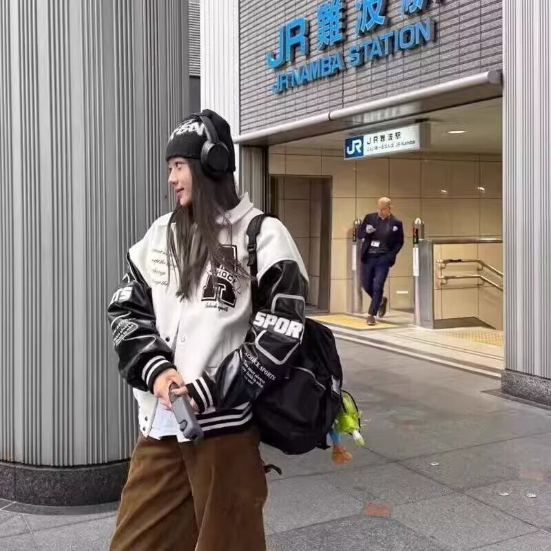 美式翻领字母复古新款拼接印花棒球情侣外套立领春季宽松上衣夹克|undefined