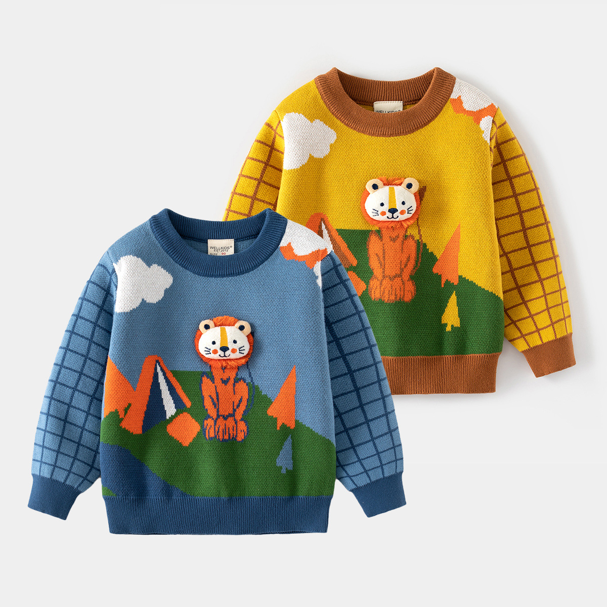 XUANMU Baby Boys Autumn Winter Pullover Sweater Kids Cartoon Lion Jacquard Round Neck Plaid Long Sleeve Knitted Sweaters Tops XB113_voghion.com