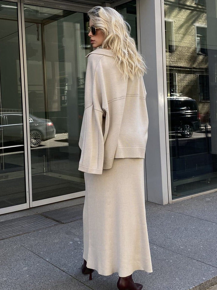 Bộ đôi áo len dệt kim cổ V tay dài phối chân váy, áo dài 50–65 cm — Màu camel, Màu trắng, Màu xám, Màu đen chi tiết 37