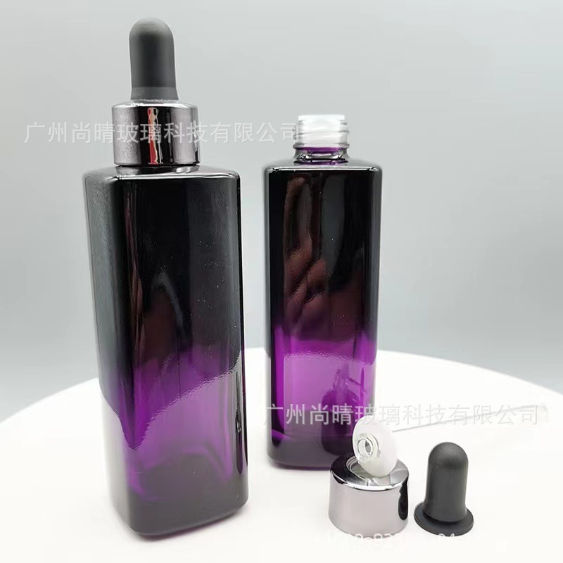 En stock gran marca púrpura botella negra botella de vidrio cuadrada 75ml botella cuentagotas botella de esencia botella de aceite esencial cosmético material de embalaje