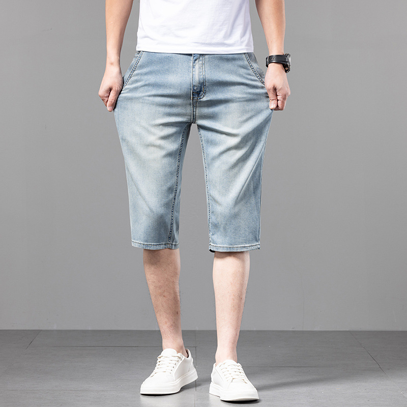 High-End Tencel Cropped Denim Shorts for Men 2025 Summer Thin Retro Loose Straight Ice Silk Casual Pants