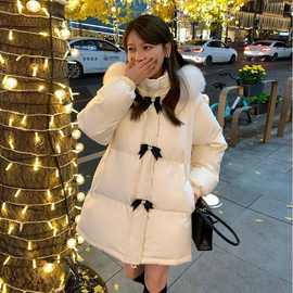 名媛小香风冬装蝴蝶结2025冬季大毛领连帽白色羽绒棉服外套女棉衣