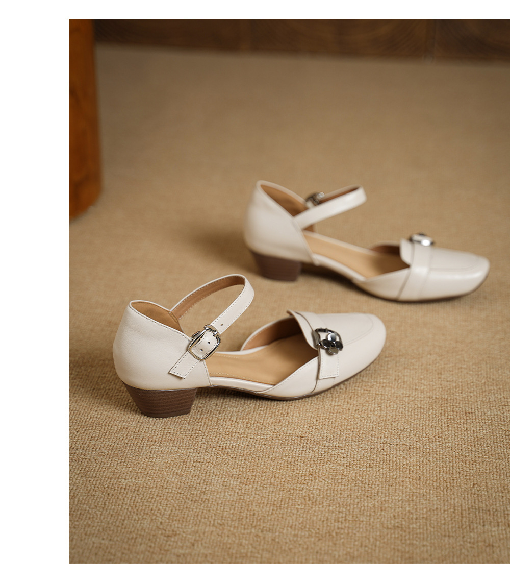 Sandal nữ gót thấp 3,5 cm đầu vuông quai ngang có khóa, phong cách thanh lịch — màu trắng ngà chi tiết 13