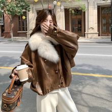 咖色大毛领皮毛一体羽绒服2024新款冬季美拉德感皮衣短外套