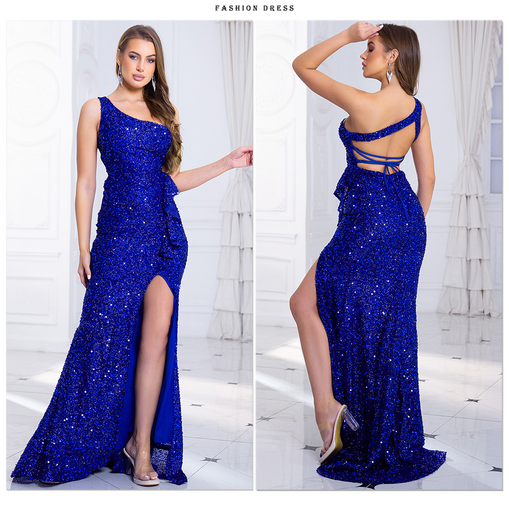 Elegant One-shoulder Sequin Evening Dress With Lace And Slit Detail_voghion.com