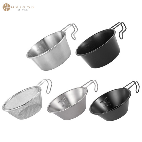Outdoor snow pull bowl 304 stainless steel lightweight black snow pull bowl camping tableware handle bowl mountaineering camping bowl