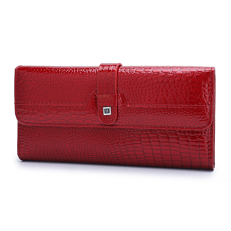 European and American Genuine Leather Wallet Women's Snaps Patent Leather Crocodile Pattern Multi-Card Wallet Mobile Phone Bag Clutch Bag Custom Wholesale