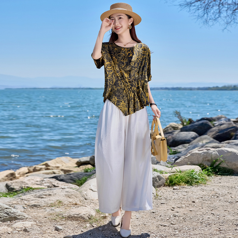Brand Suit for Women 2025 Summer New Style Elegant Casual Loose Printed Shirt Wide Leg Pants Two-Piece Set