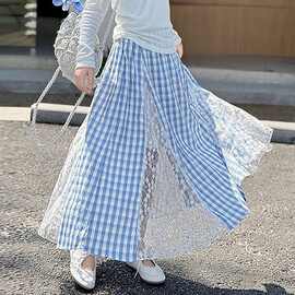 女童格子裙甜美蕾丝裙子2025新款夏季儿童半身裙中长款小女孩蓝色