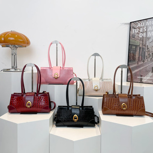2025 Spring New Fashion Pure Color Trendy Retro Simple Stylish Crocodile Pattern One-Shoulder Satchel Small Square Armpit Bag