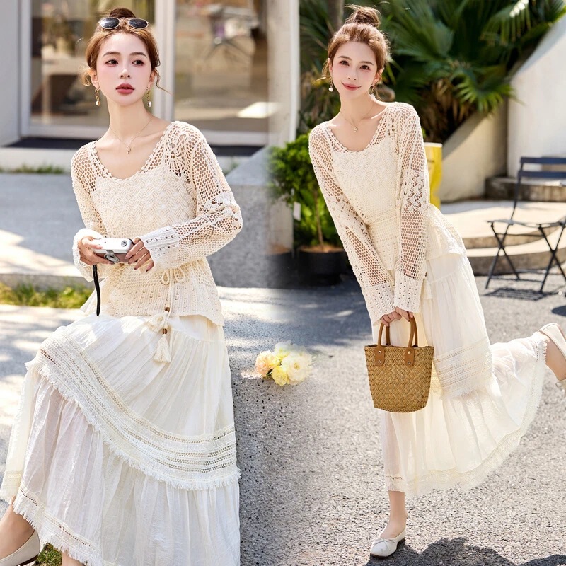 French Bohemian Style Cut Out Crochet Knitted Blouse 2025 Early Spring Women's Pure Lust Resort Style Thin Lace Blouse