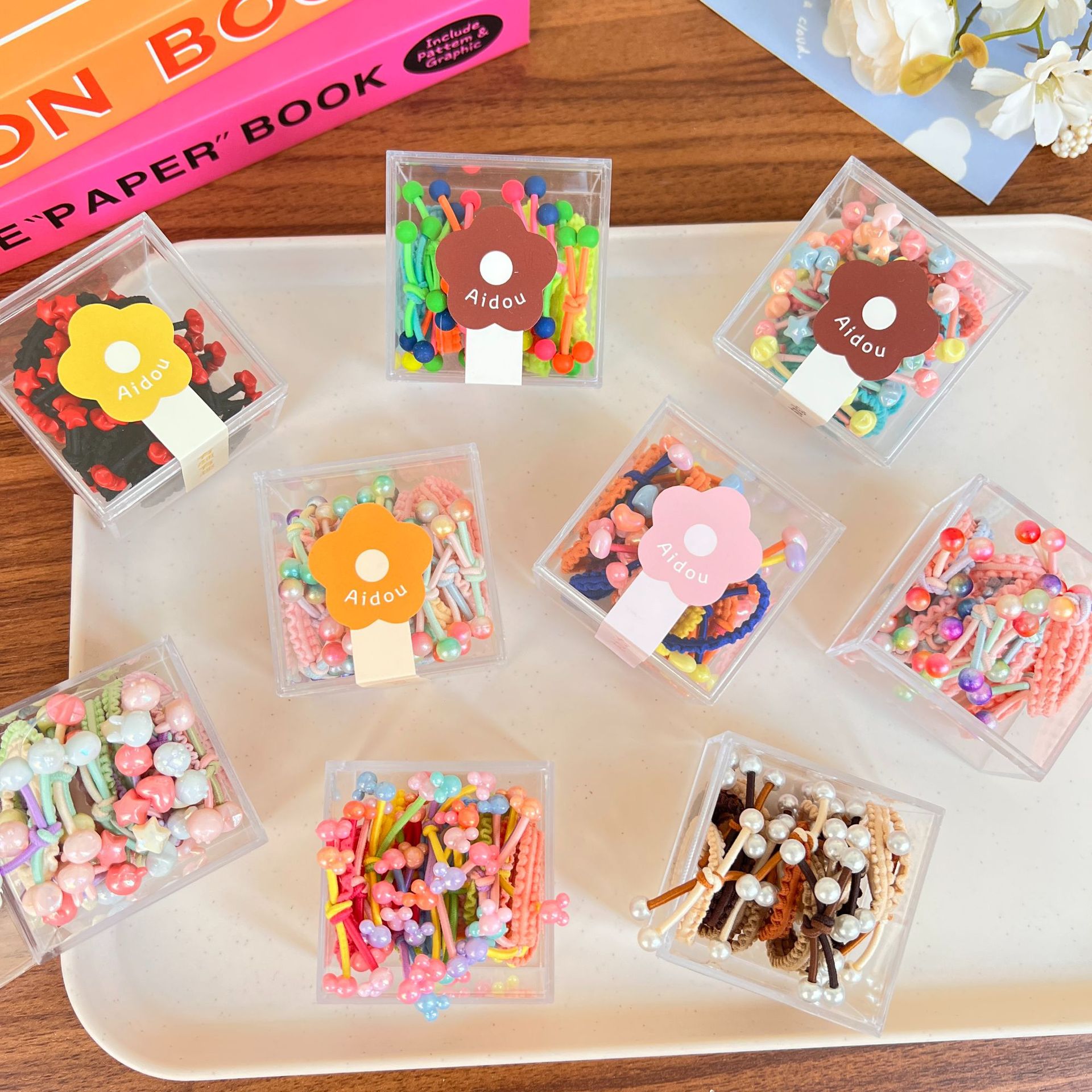 Hair Elastics for Children, Non-Damaging Hair Color, Boxed, Floral Edge Rubber Bands for Girls, High Elasticity Hair Ties, Baby Headbands