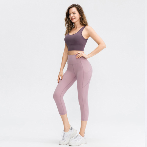 Nude-feeling double-sided skin-friendly yoga cropped pants with pockets, women's elastic tight-fitting butt-lifting fitness running pants 02338