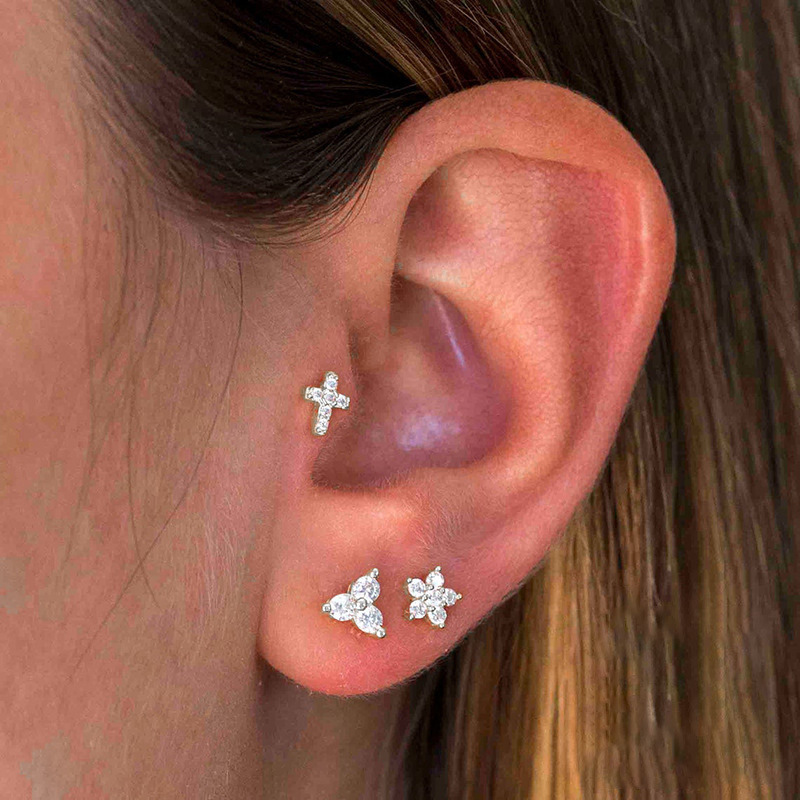4g Weight 18K Real Gold Plated, Platinum Plated Plating Material Simple Style Cross Round Flower Copper Plating Inlay Zircon Ear Studs 1 Piece