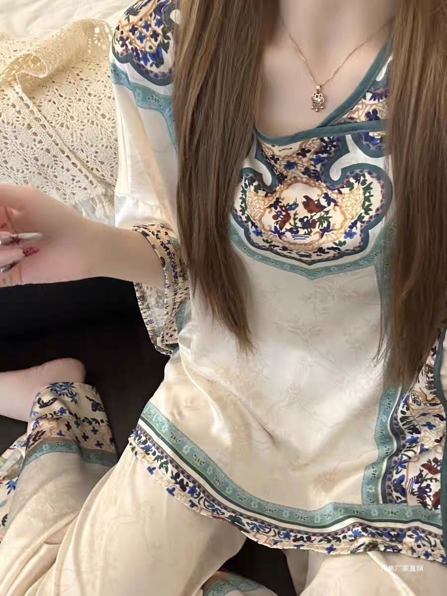 复古宫延风唯美睡衣女夏季新款甜美宽松短袖长裤可外穿家居服套装