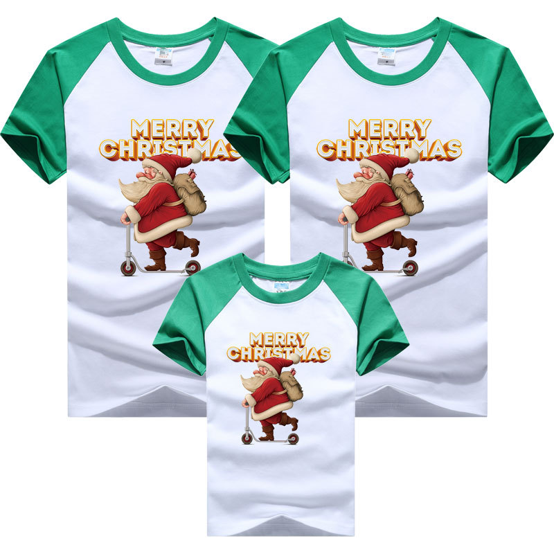 Traje padre-hijo una manga raglán de cuatro bocas verano levante la mano Navidad patineta Santa Claus niños manga corta color a juego transfronterizo camiseta
