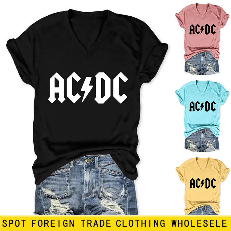 Amazon Ebay Independent Site Casual Fashion Women's Acdc Lightning V-Neck Short-Sleeve T-Shirt Base Shirt Cross-Border Trade Amazon Ebay Independent Site Casual Fashion Women's Acdc Lightning V-Neck Short-Sleeve T-Shirt Base Shirt Cross-Border Trade