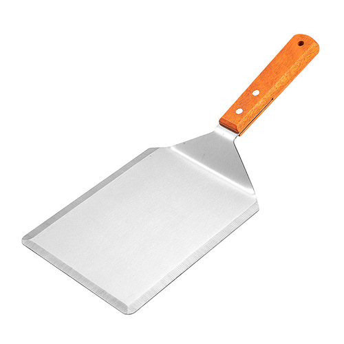 430 stainless steel cooking spatula with wooden handle, flat pancake spatula, steak spatula, Teppanyaki hand-grilled pancake wide-faced barbecue spatula