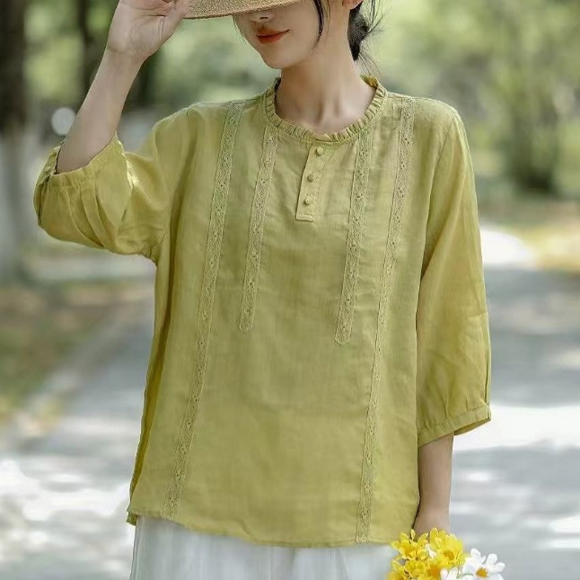 Ramie Lace Splicing Three-Quarter Sleeve Shirt 2025 Literary Simple Lace Round Neck Versatile Loose Pullover Top for Women