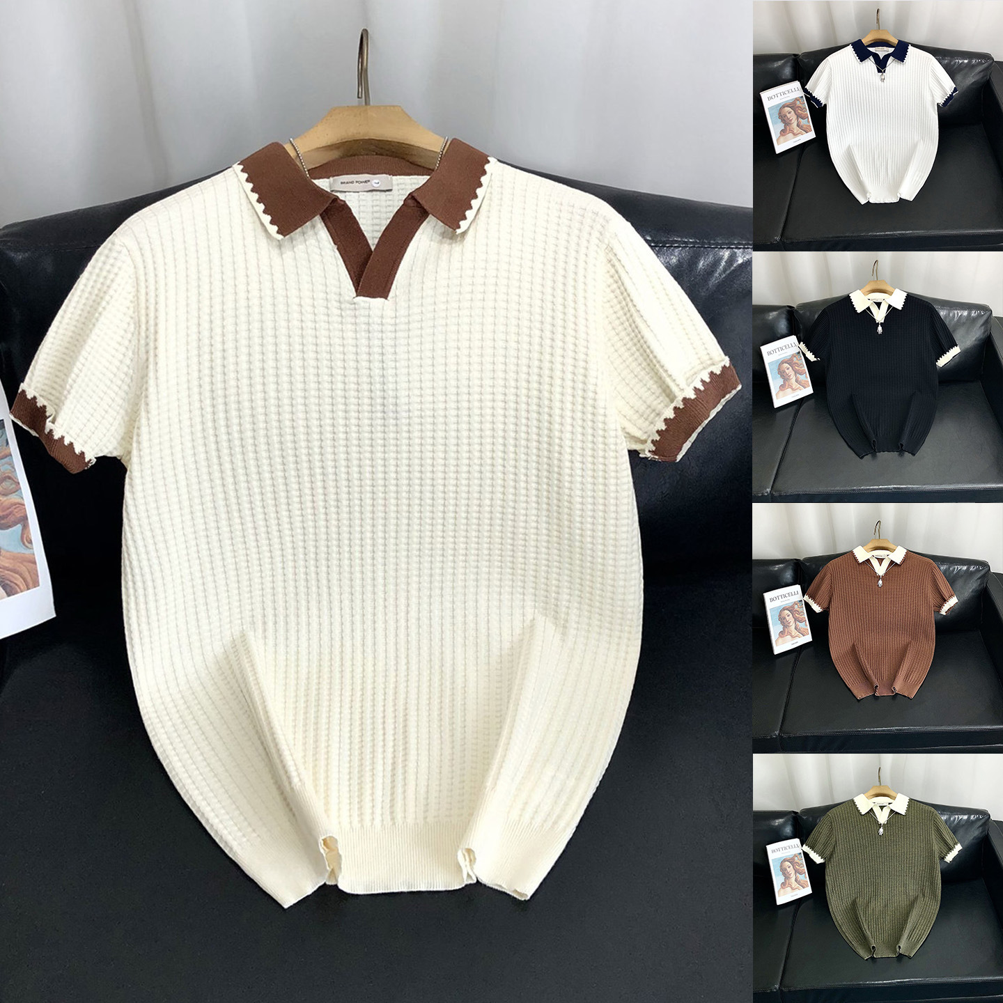 Polo camiseta de punto camiseta de manga corta hombre gaviota cuello V textural color antiguo viento camiseta de verano fábrica transfronteriza al por mayor