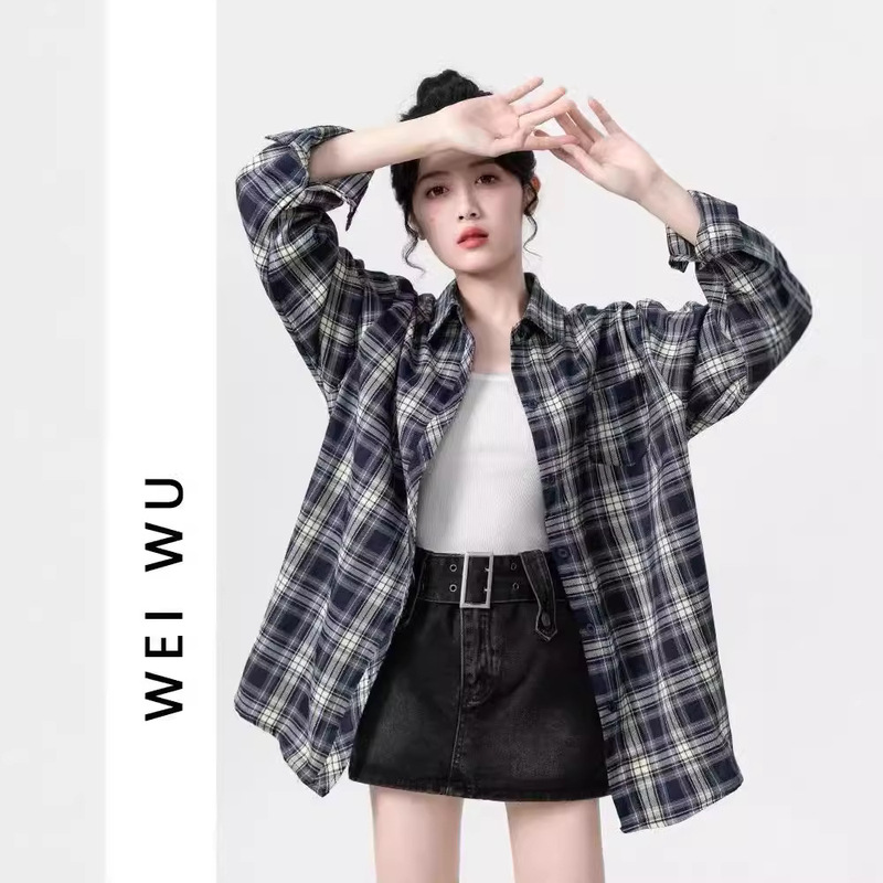 Lazy style retro plaid shirt women's autumn Korean version of the new loose long sleeve shirt cardigan coat coat coat wholesale
