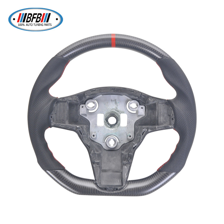 100% Real Carbon Fiber Matte Black Steering Wheel with Black Perforated Leather and Red Stitching and Red Logo - For Tesla Model Y - Steering Wheel Modification