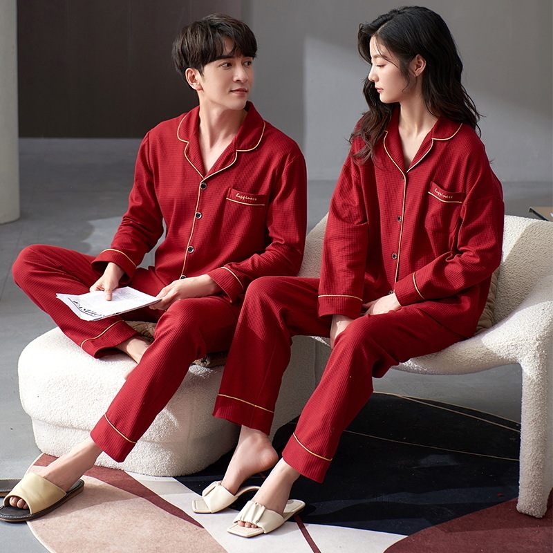 Pareja pijamas hombres Otoño e Invierno puro algodón boda nacimiento año rojo manga larga desgaste del hogar de las mujeres traje